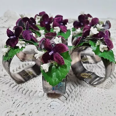 Vintage  8 Silver Plate Napkin Rings Embellished With Millinery Velvet Violets • $18