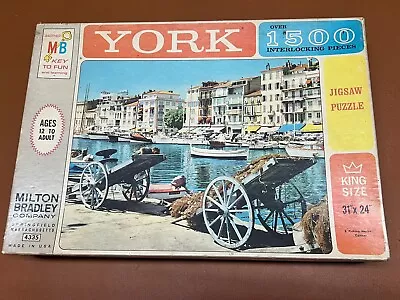 VTG Milton Bradley York Jigsaw Puzzle Fishing Harbor Cannes 1963 King 31x34 NIB • $30.35