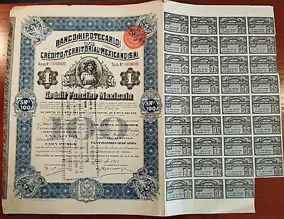 Mexico 1911 Banco Hipotecario Queen Elizabeth $ 100 Pesos Coupons Bond Share • $37