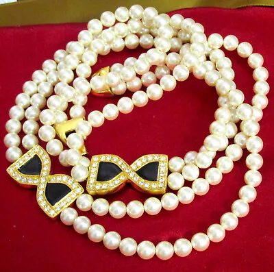 VTG RUNWAY DECO NAPIER Book Piece 2 Strand Faux Pearl Necklace Enamel & Crystal • $124.99