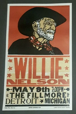 $179 • Buy WILLIE NELSON Hatch Show Print #/50 THE FILLMORE DETROIT, MI 2010 Concert Poster