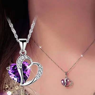 Heart Necklace Rhinestone February June Birthstone Mothers Day Wife Jewelry Gift • $12.98