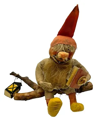 Vintage Folk Art Crepe Paper Shelf Sitter Gnome Troll Pixie Elf Log Lantern • $29.99