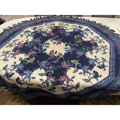 Batik Block Print Tablecloth Cotton 60” Batik Arabesque Floral Fringed Round • $31.98