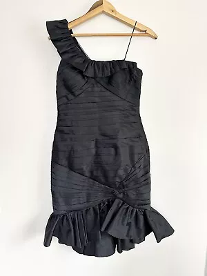 Adrianna Papell Dress Black Tiered Ruffle Cocktail Sz 6 Sheath One Shoulder • $49