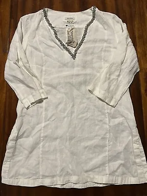 NWT Malvin Hamburg Sz XL 12 I Love Linen White Sleeve Tunic Dress Rhinestones • $25