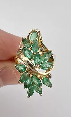 Designer 14k Yellow Gold Marquise Green Emerald & Diamond Floral Cluster Ring • $495