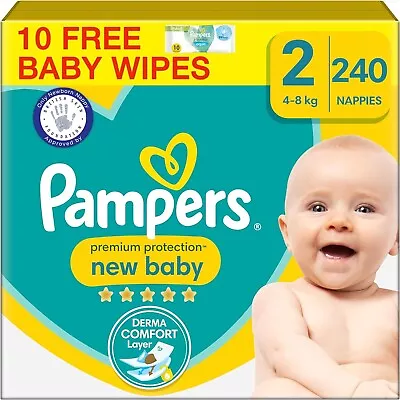 Pampers Premium Protection New Baby Size 2  240 Nappies 4kg - 8kg + Free Wipes • £37.95