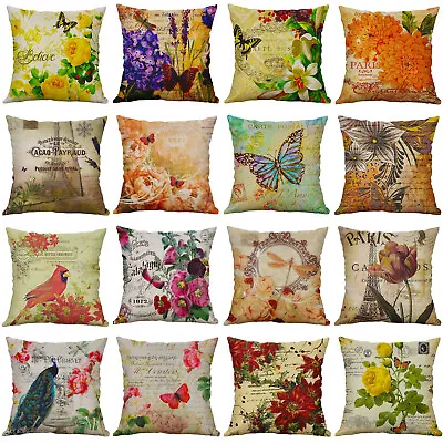 Vintage Flower Throw Pillow Covers Faux Linen Rose Lavender Art Deco Pillowcases • $3.99