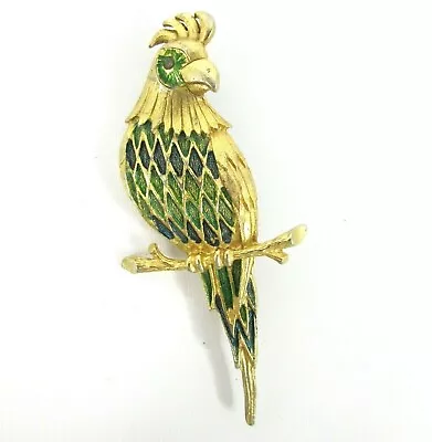 Parrot Macaw Metal Bird Pin Brooch Necklace Pendant Gold Tone Green 3.5  Tall • $15.99