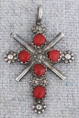 Vintage Native American Zuni Red Coral Spiny Oyster Cross Necklace Pendant • $34.99