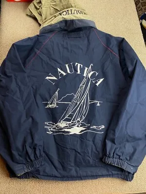 Nautica Jacket Sailing Coat Blue Tan Reversible XL Boat Distressed VTG • $59.80