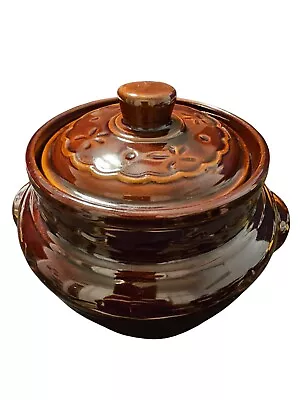 Vintage Mar-Crest Stoneware  Daisy Dot  Bean Pot Crock W/Lid Oven Proof 7  X 9  • $39.99