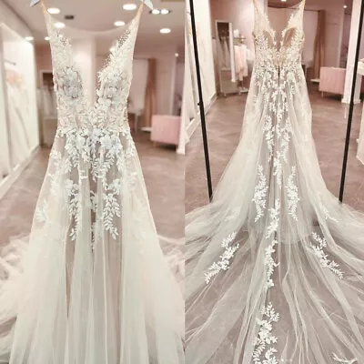 Vintage V Neck Wedding Dresses Sleeveless Backless Lace Appliques Bridal Gowns • $154.36