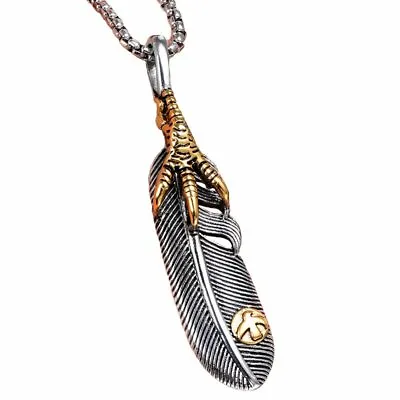 MOYON Mens Eagle Claw Necklace Gold Angel Feather Pendant Stainless Steel Chain • $9.99