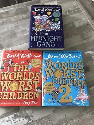 David Walliams X 3 Hardback Book Bundle Worlds Worst Children 1 /2 Midnight Gang • £2