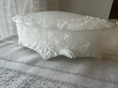 Antique Milk Glass Victorian Vanity Oval Trinket Box Transluscent Edges Cottage • $28