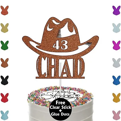 Cowboy Hat Glitter Cake Topper Personalised Name And Age Birthday Party Decor UK • £2.95