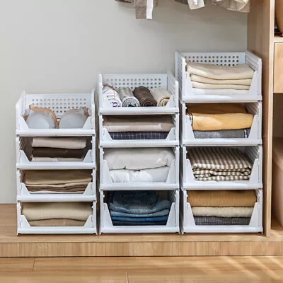 Folding Closet Storage Basket Boxes Stackable Wardrobe Drawer Units For Clothes • £8.95