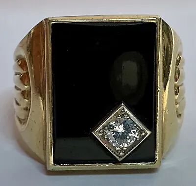 Men’s Diamond Onyx Ring Solid 14k Yellow Gold Vintage Ring Estate Antique • $1275