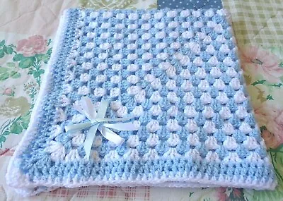 Soft Blue & White  Crochet Baby Blanket / Cot New  Gch  23x23 • £5