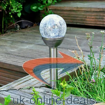 Solar Power Colour Changing Led Globe Crackle Glass Ball Garden Stainless Lights • £13.95