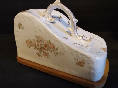 $16 • Buy Vintage Porcelain Floral Cheese Dish W/wood Base