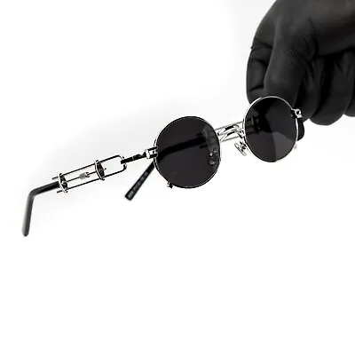 Dark Black Tint Round Silver Frame Vintage Hip Hop Mens Retro Summer Sunglasses • $10.99
