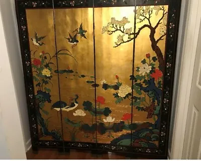 Antique/ Asian Oriental Vintage Four Panel Wood Lacquer Room Divider Screen • $1600