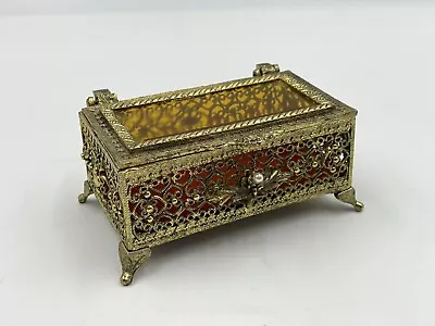 Vintage Gold Ormolu Footed Jewelry Box Casket HOLLYWOOD REGENCY Beveled Glass • $59