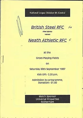 British Steel BSC Port Talbot v Neath Athletic RFC 20 Sep 1997 RUGBY PROGRAMME • £4.99