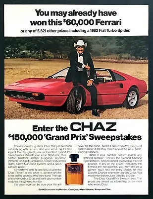 $8.79 • Buy 1982 Tom Selleck Ferrari 308/GTSi Photo Chaz Cologne Sweepstakes Promo Print Ad