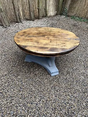 Vintage Solid Oak Round Pedestal Farmhouse Rustic Low Coffee Occasional Table • £120