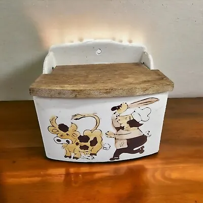 Porcelain Salt Box Wooden Hinged Lid French Country Cottage Cow Butcher Vintage • $44.99