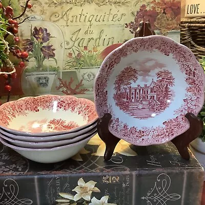 (5) J & G Meakin~”Romantic England”~6.5” Cereal/Soup Bowl~Red Transferware~ • $64.99