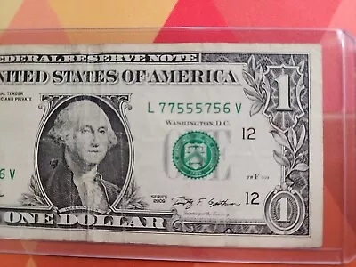 One Dollar Bill Fancy Serial Number Series 2009 Trinary Quad 5s Triple 7s • $15