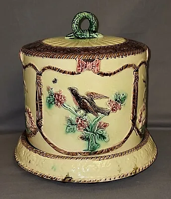 English Majolica Cheese Keeper/Dome/Bell Birds & Cattails • $299.95