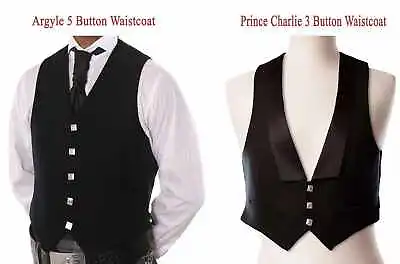 Mens Scottish Argyle & Prince Charlie Kilt Waistcoat / Vest Black -Super Quality • £17.99