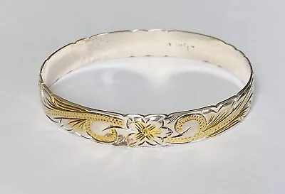 Vintage Sterling Silver Two Tone Etched Floral Bangle Bracelet Hawaiian 7 1/2 • $149.99