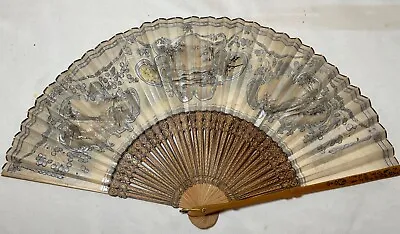 Antique 19th Century Handmade French Ornate Painted Wood Lace Vanity Hand Fan • $298.99