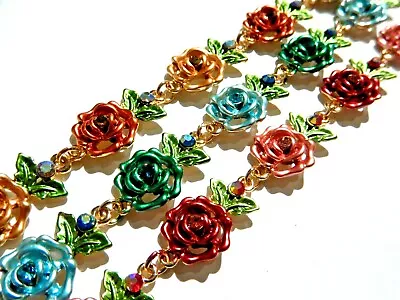 ROSE BRACELET Tennis Link AB Rhinestone Crystal Enamel Flowers Spring O6 • $11.99