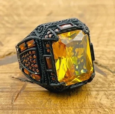 Men Silver Ring Yellow Citrine Gemstone Ring 925K Mens Jewelry All Sizes • $47