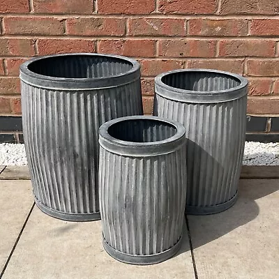 Large Garden Planters Set Of 3 Outdoor Plant Pots Vintage Barrel Tubs Decoration • £70