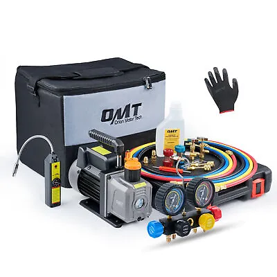 $155.36 • Buy OMT 4CFM Vacuum Pump HVAC Refrigeration AC Manifold Gauge Set Leak Detector Bag