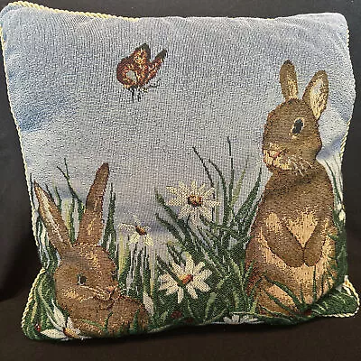 Vintage Spring Easter BUNNY RABBITS TAPESTRY Accent THROW PILLOW 17” X 17” EUC • $26.95