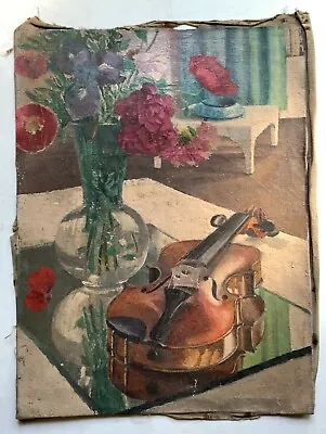 Antique Oil Painting Interior Of The Art Deco Salon With Violin And Flowers • $500