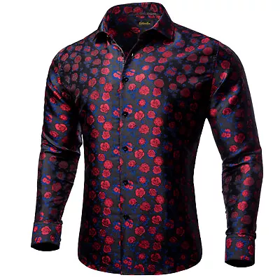 Mens Black Shirts Long Sleeve Red Paisley Business Formal Shirt Button Down • £15.99