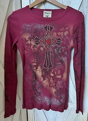 New Vocal Apparel Womens Crystal Burgundy Cross Bling Long Sleeve M Medium • $25