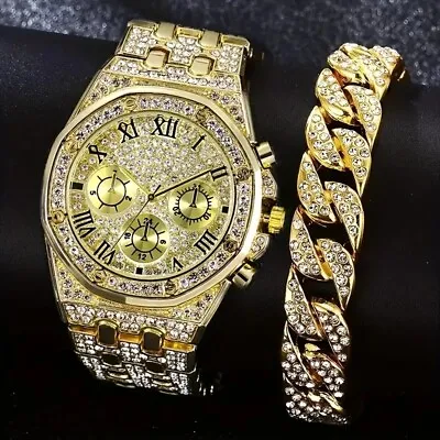 Watch Plus Bracelet Men's Gold Diamond Fashion Gift Set Crystal Stainless Steel  • £15.99