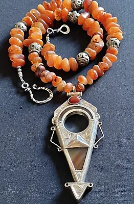 Talhakimt Moroccan Carnelian Old Silver Pendant Berber Tuareg Handmade Necklace. • $250